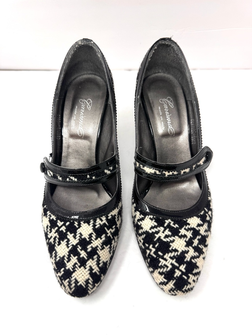 CARISMA black/white houndstooth fabric & leather Mary Janes, Italy, size 8.5